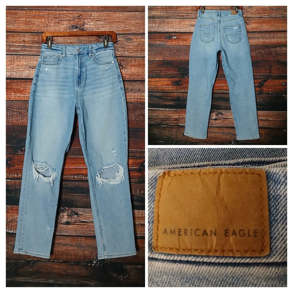 American Eagle Jeans 4 Short Curvy Mom High Rise Ankle Light Wash Denim Stretch
